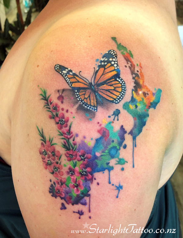 NZ map and Monarch butterfly tattoo