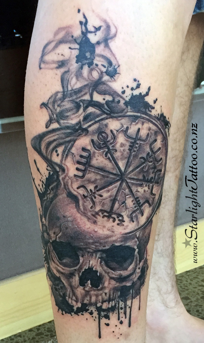 Skull, runes and ink splash tattoo