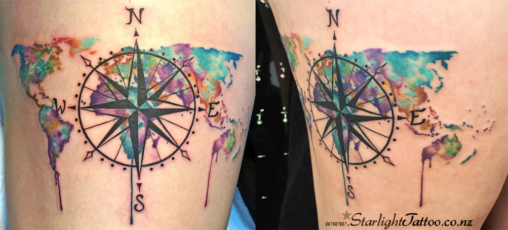 Watercolour earth map with compass