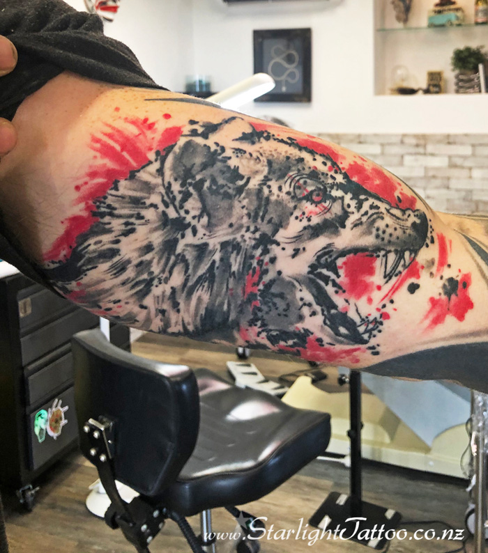 Polka trash abstract wolf tattoo