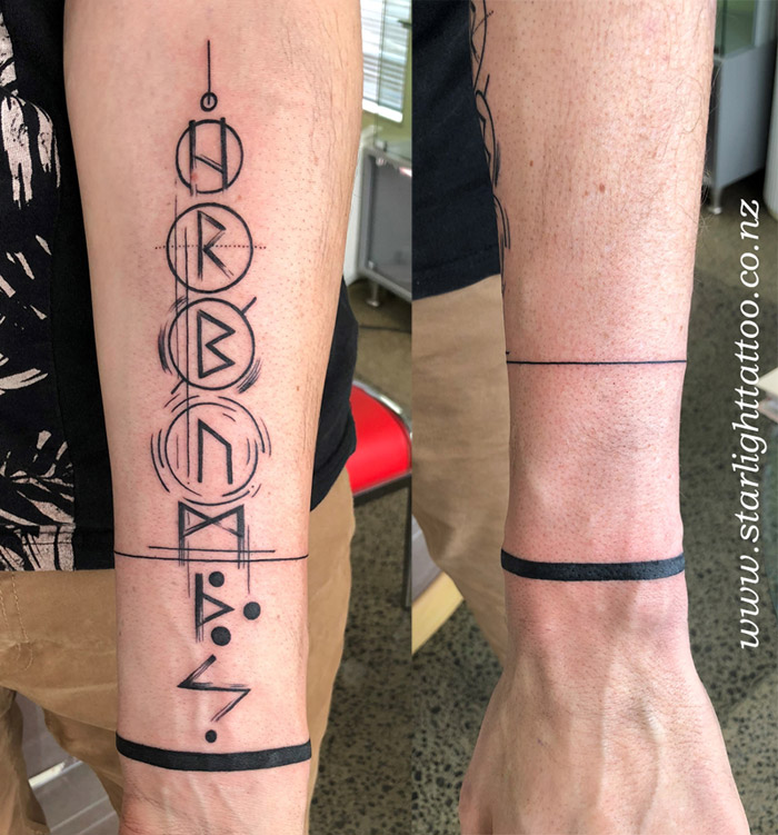 Abstract rune tattoo in black and grey - mystical symbol design