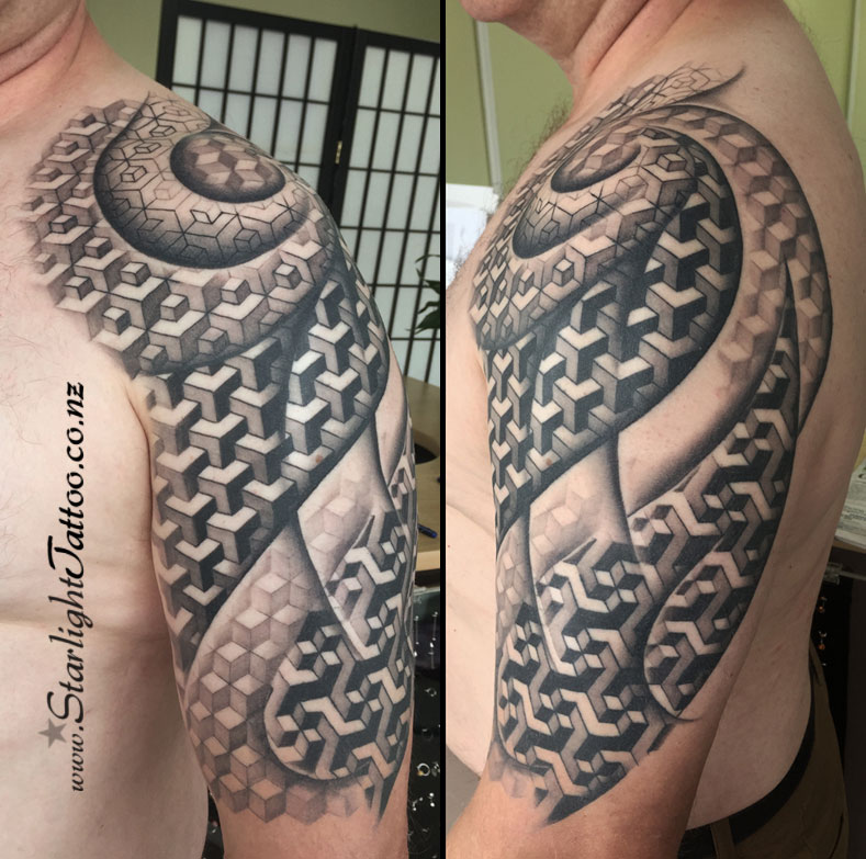 Geometry black and grey tattoo - detailed 3D ink