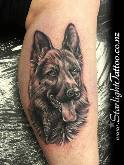 German shepherd tattoo in black and grey realism - pet portrait
