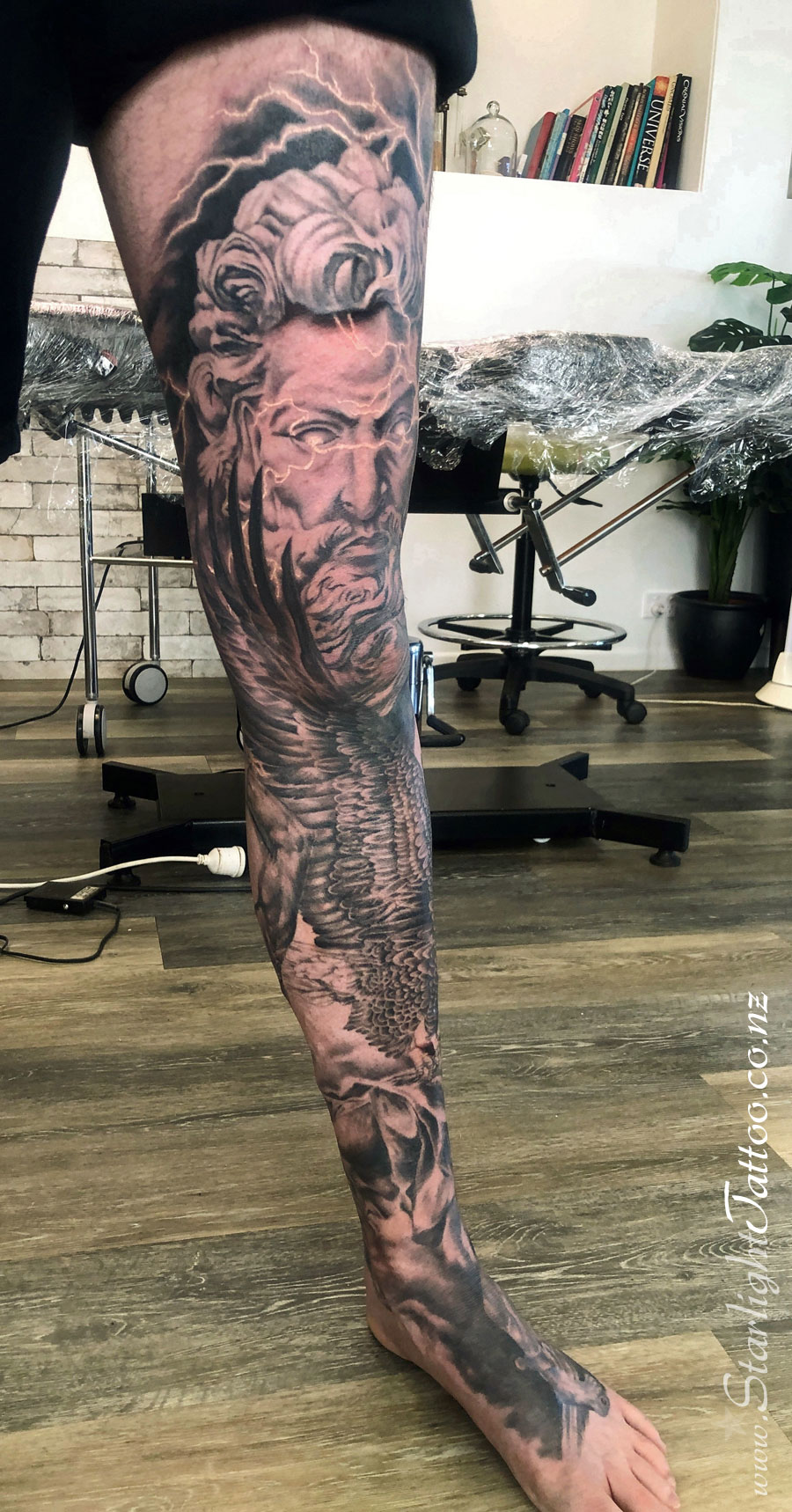 Greek mythology tattoo sleeve - gods in black and grey realism