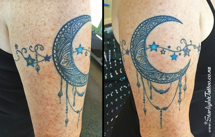 Mandala tattoo in moon form - spiritual black and grey realism