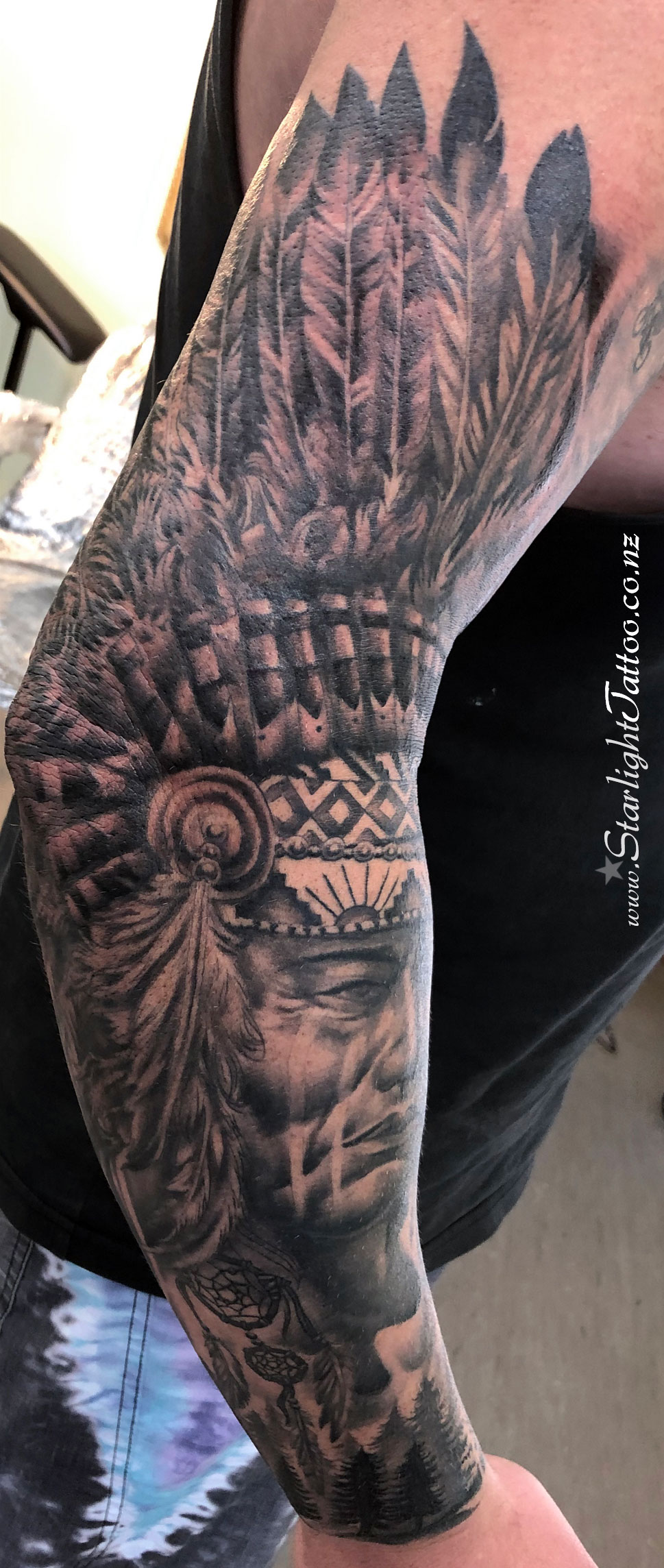 Native American tattoo - portrait in black and grey