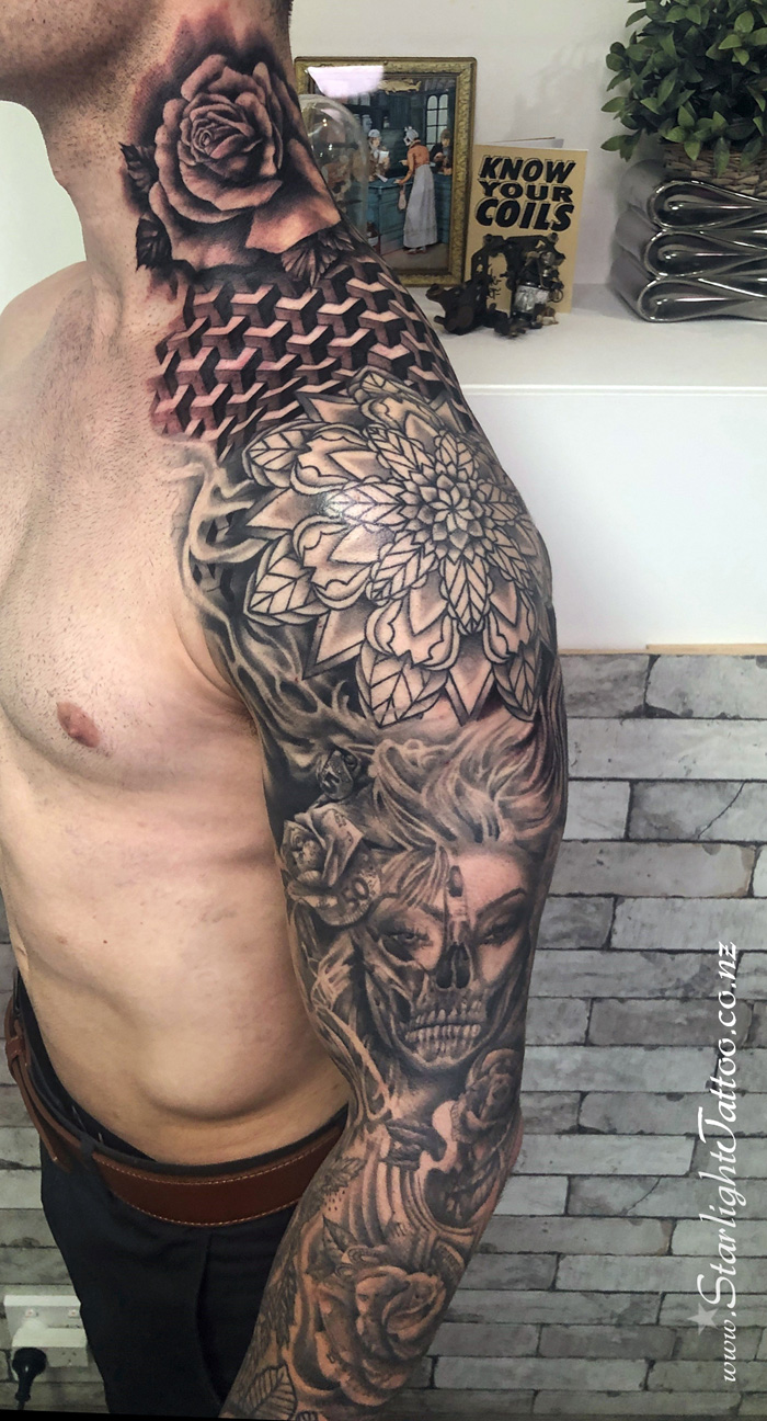 Tattoo up the neck with sleeve extension - custom blackwork