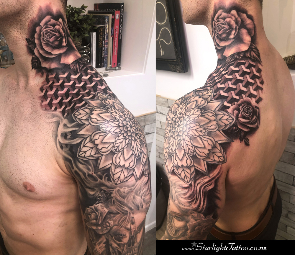 Neck sleeve tattoo in black and grey - flowing design