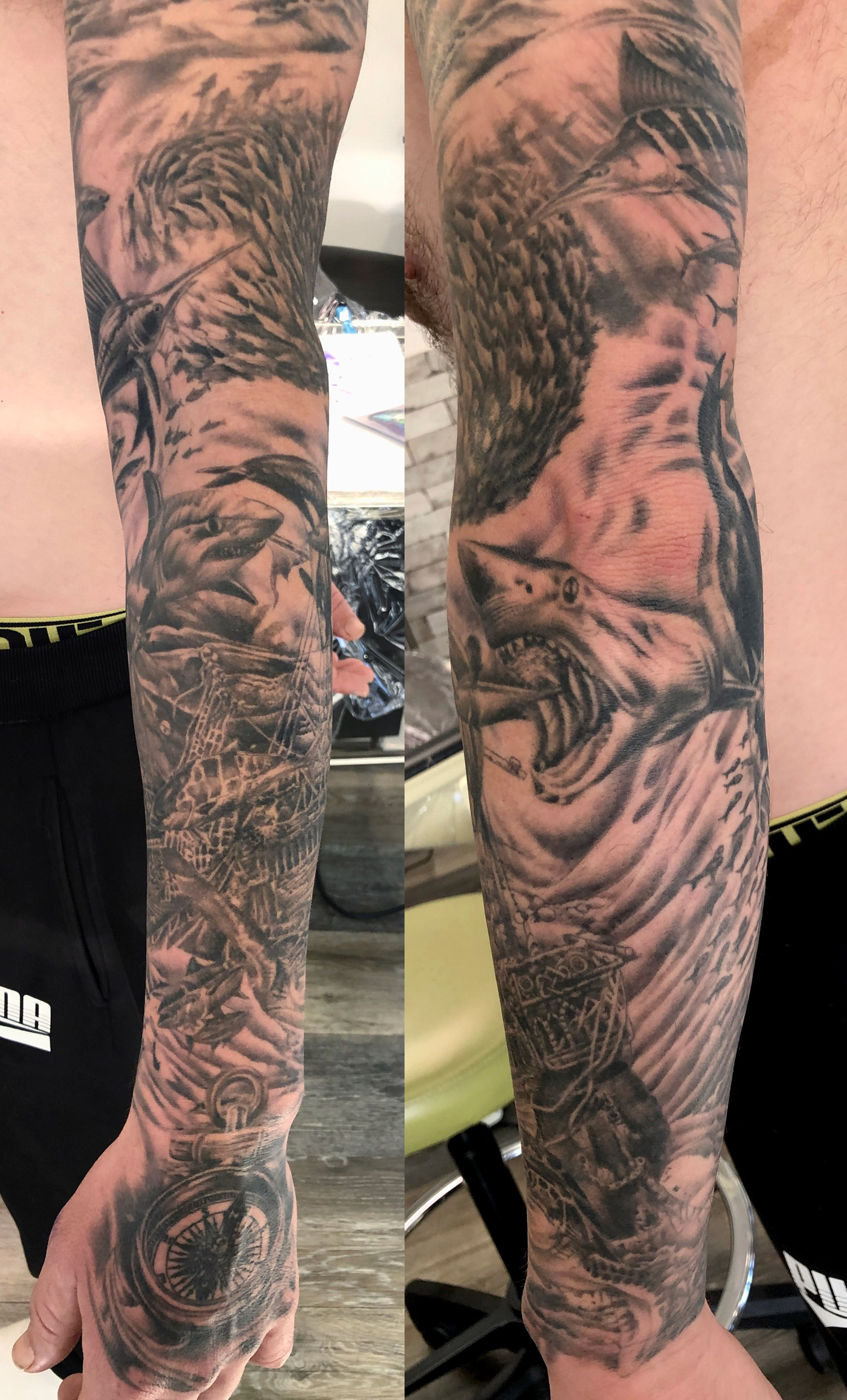 NZ ocean tattoo - full sleeve realism in grayscale