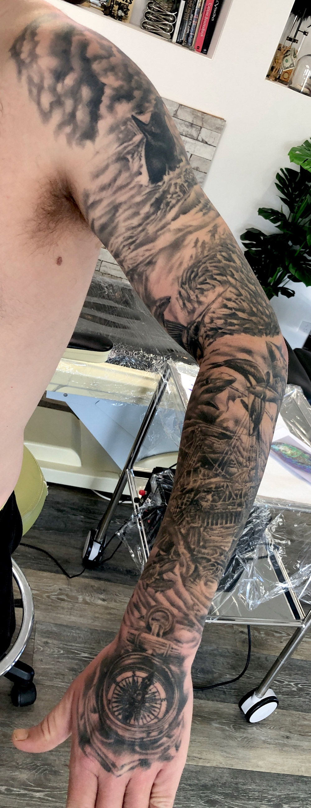 NZ ocean sleeve tattoo - marine realism in black and grey