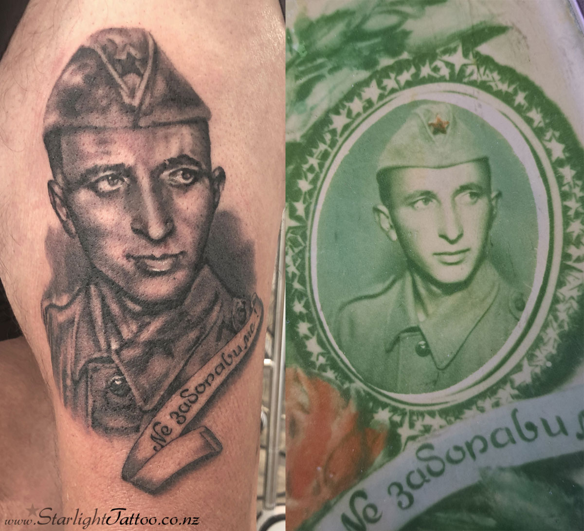 Old photograph portrait tattoo in black and grey - realism style