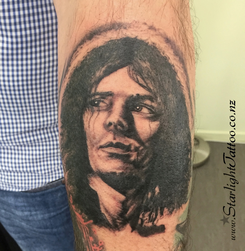 Ritchie Blackmore portrait tattoo - music legend in grayscale
