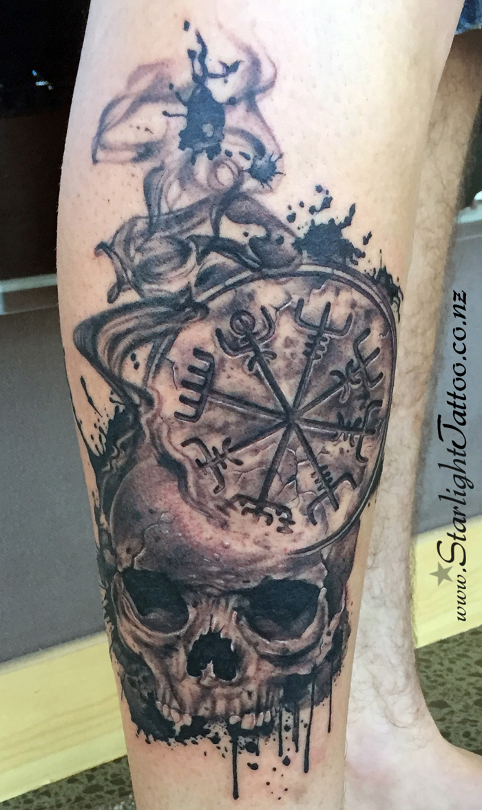 Skull ink splash tattoo - abstract black and grey style