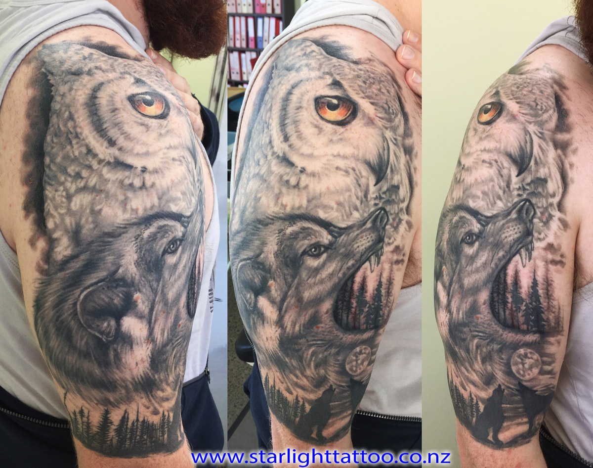 Wolf and owl tattoo - black and grey animals in one design