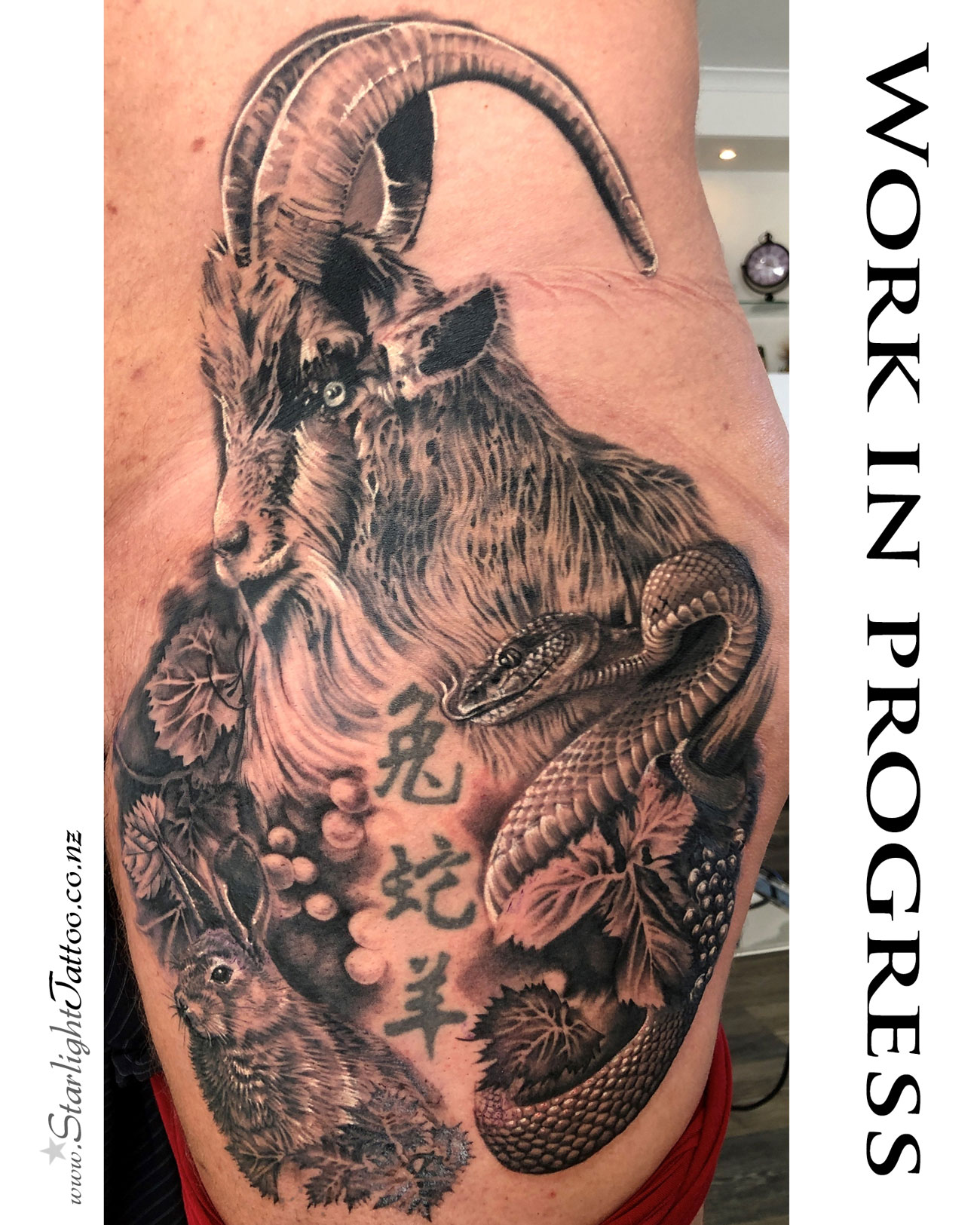 Zodiac goat snake rabbit tattoo - black and grey realism