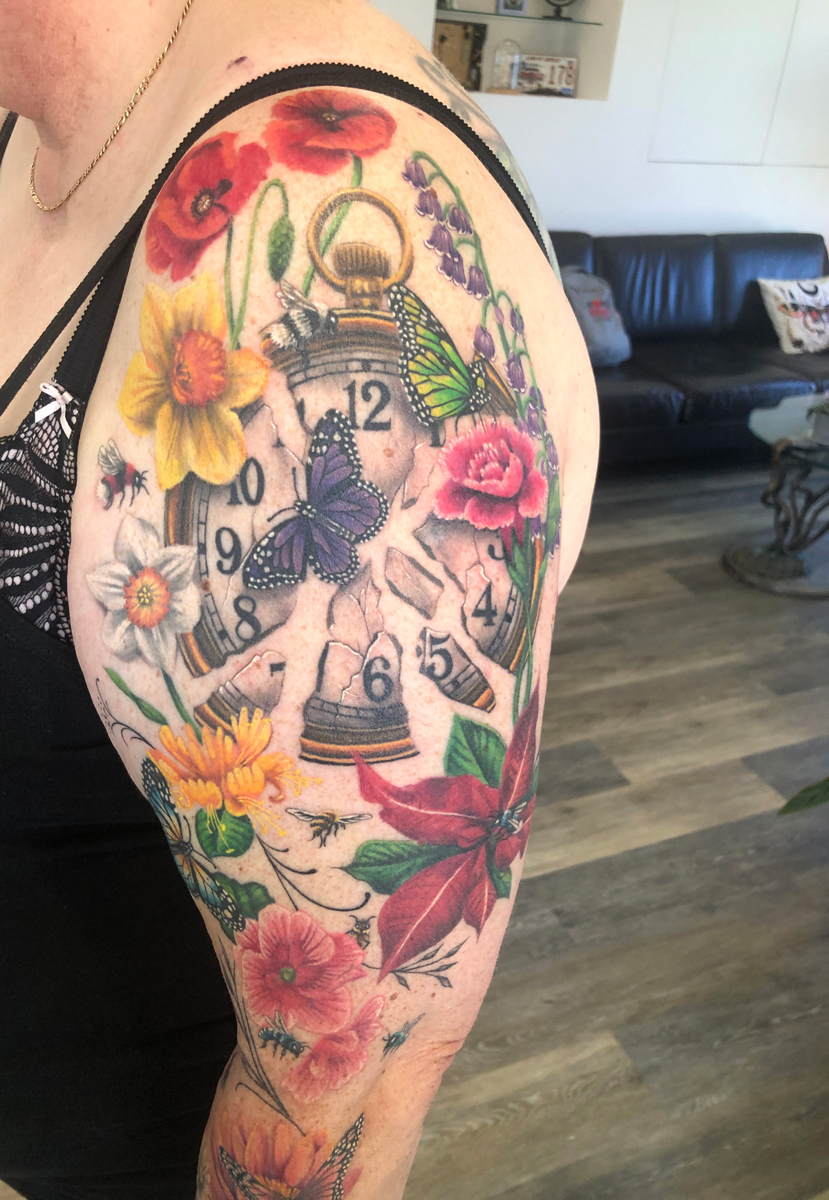 Butterflies and bees with a clock