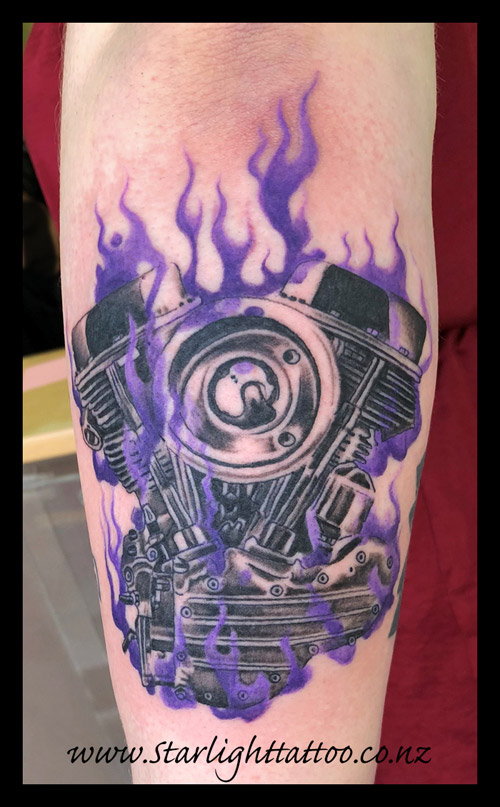 Detailed design of engine with flames - detailed colour ink work