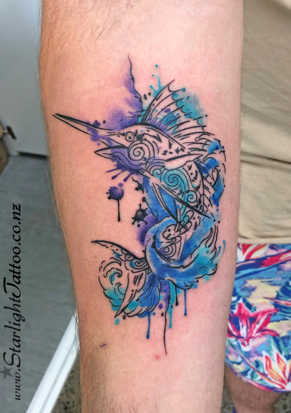 Marlin in motion - ocean-inspired watercolour tattoo