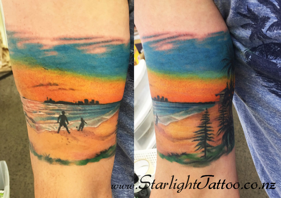 Beach silhouette tattoo with ocean sunset tones