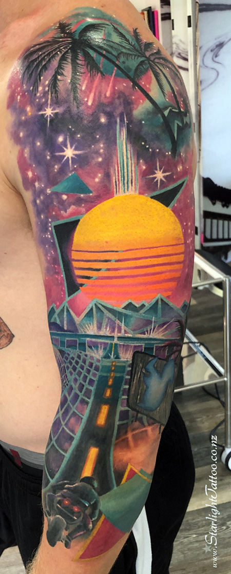 Retro-style tattoo in neon synthwave palette - 80s inspired tattoo