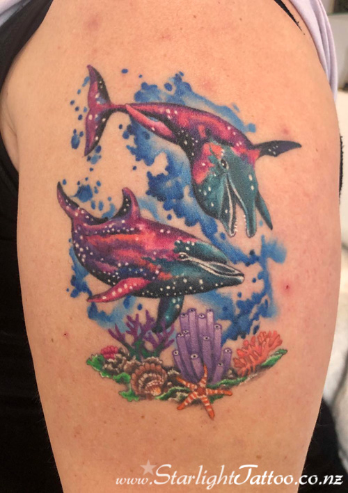Galaxy dolphins and coral reef tattoo with cosmic energy