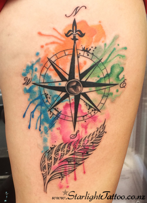 Expressive tattoo art of watercolor compass tattoo - unique tattoo composition