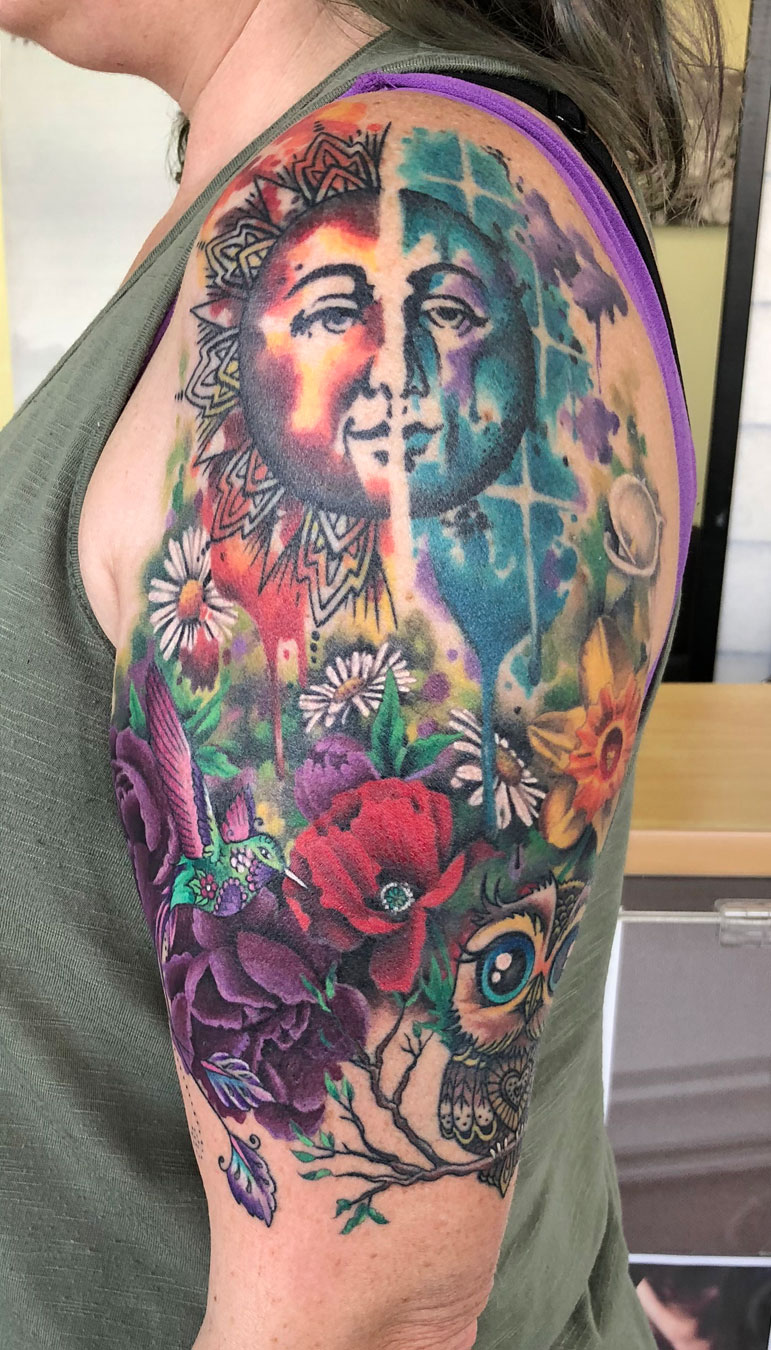 Watercolor Sun Moon - artistic tattoo