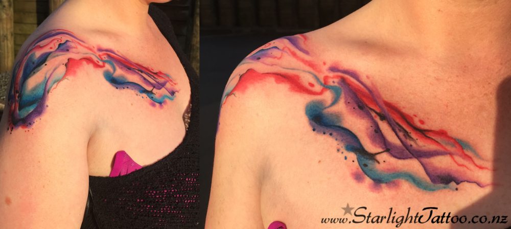 Artistic rendering of watercolor tattoo shoulder chest - inked in Auckland