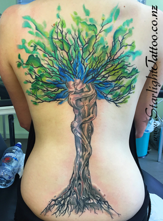 A lively composition showing watercolor tree