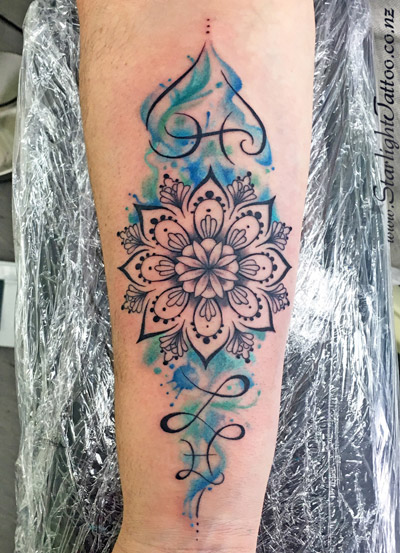 Tattoo art of a watercolour mandala - inked in Auckland