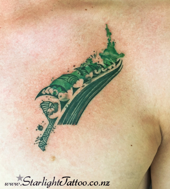 NZ map in ink with watercolour fern elements - watercolour tattoo Auckland