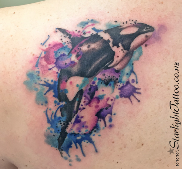 Watercolour whale tattoo - tattoo art in New Zealand