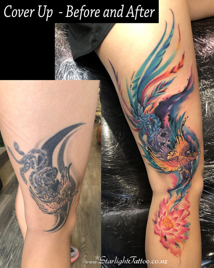 Cover-up tattoo of a bird in flight, symbol of grace and spiritual renewal