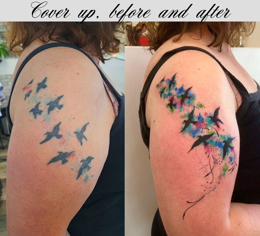 Tattoo repair of silhouetted birds soaring across sky, symbol of change