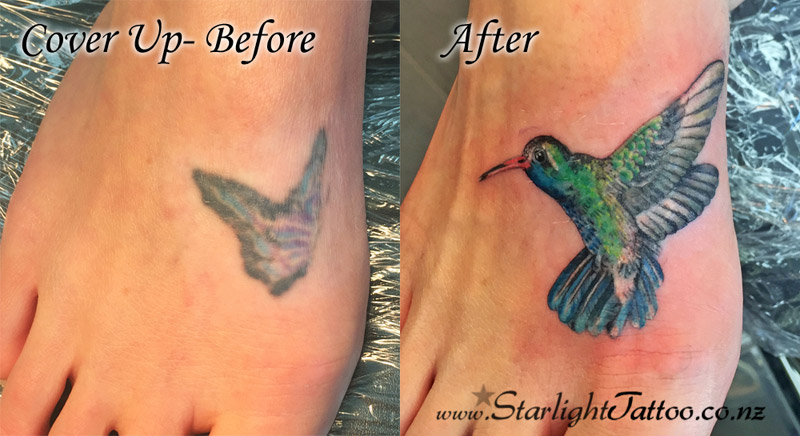 Bird in flight tattoo redesign with graceful motion