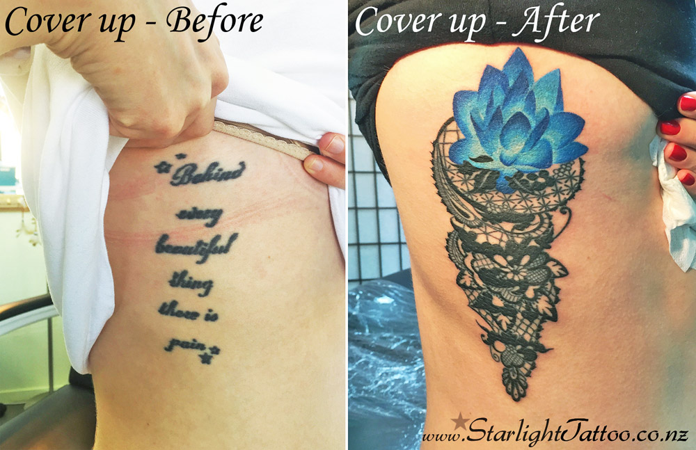 Blue lotus tattoo cover-up with layered petals