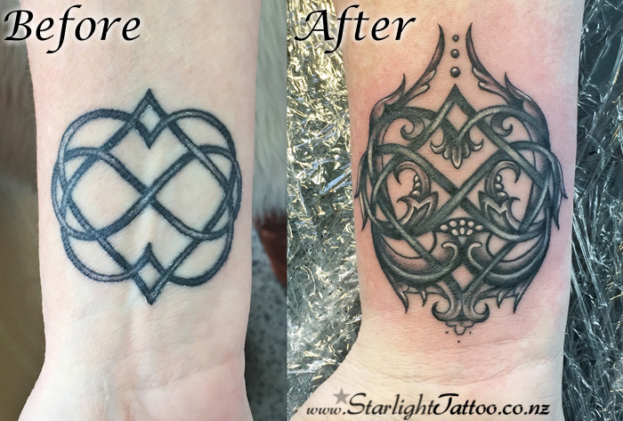 Celtic knotwork tattoo restored with renewed symmetry