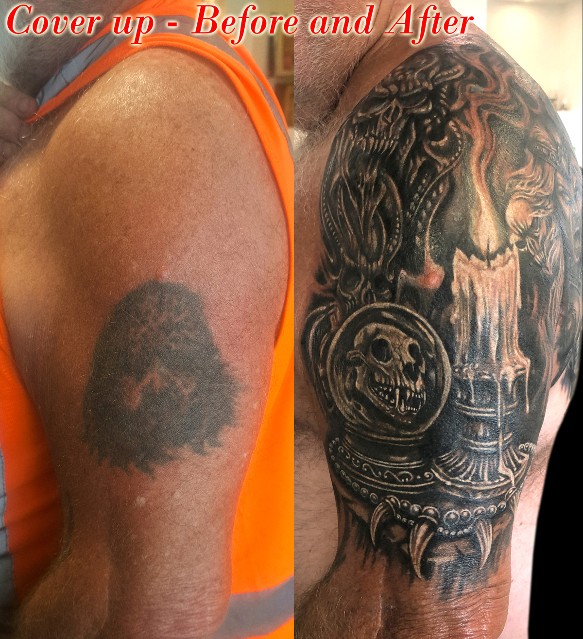 Cover up tattoo of demons, a candle and a crystal ball.