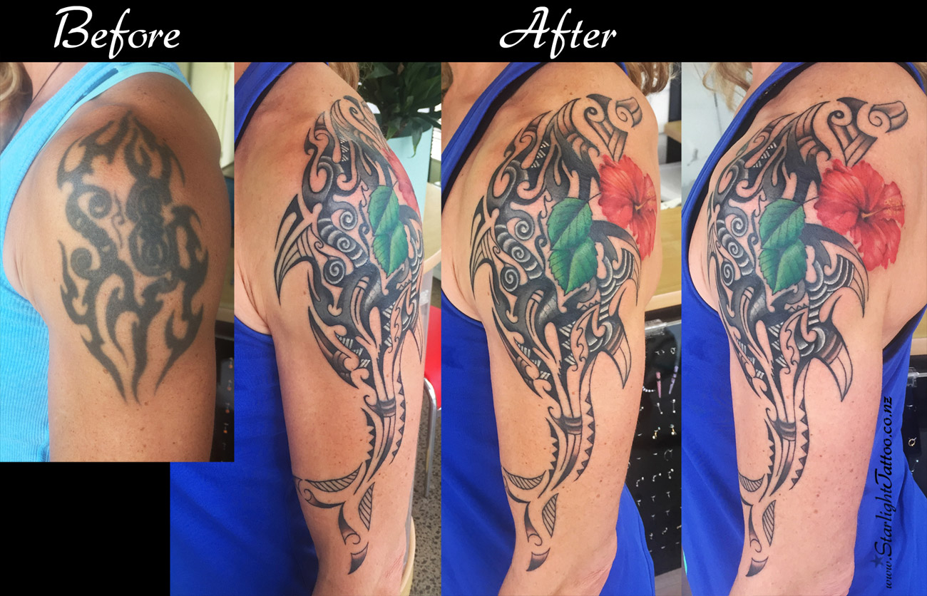 Dolphin tattoo cover-up with floral accents