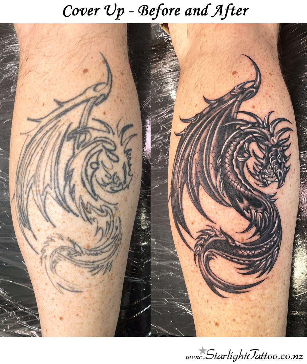 Dragon tattoo cover up in black and grey tones