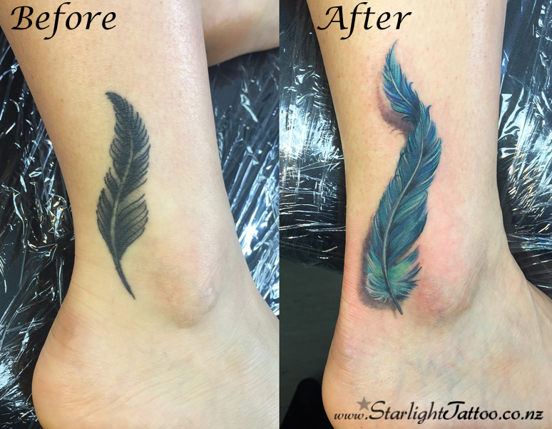 Feather tattoo repair with delicate shading and renewed texture