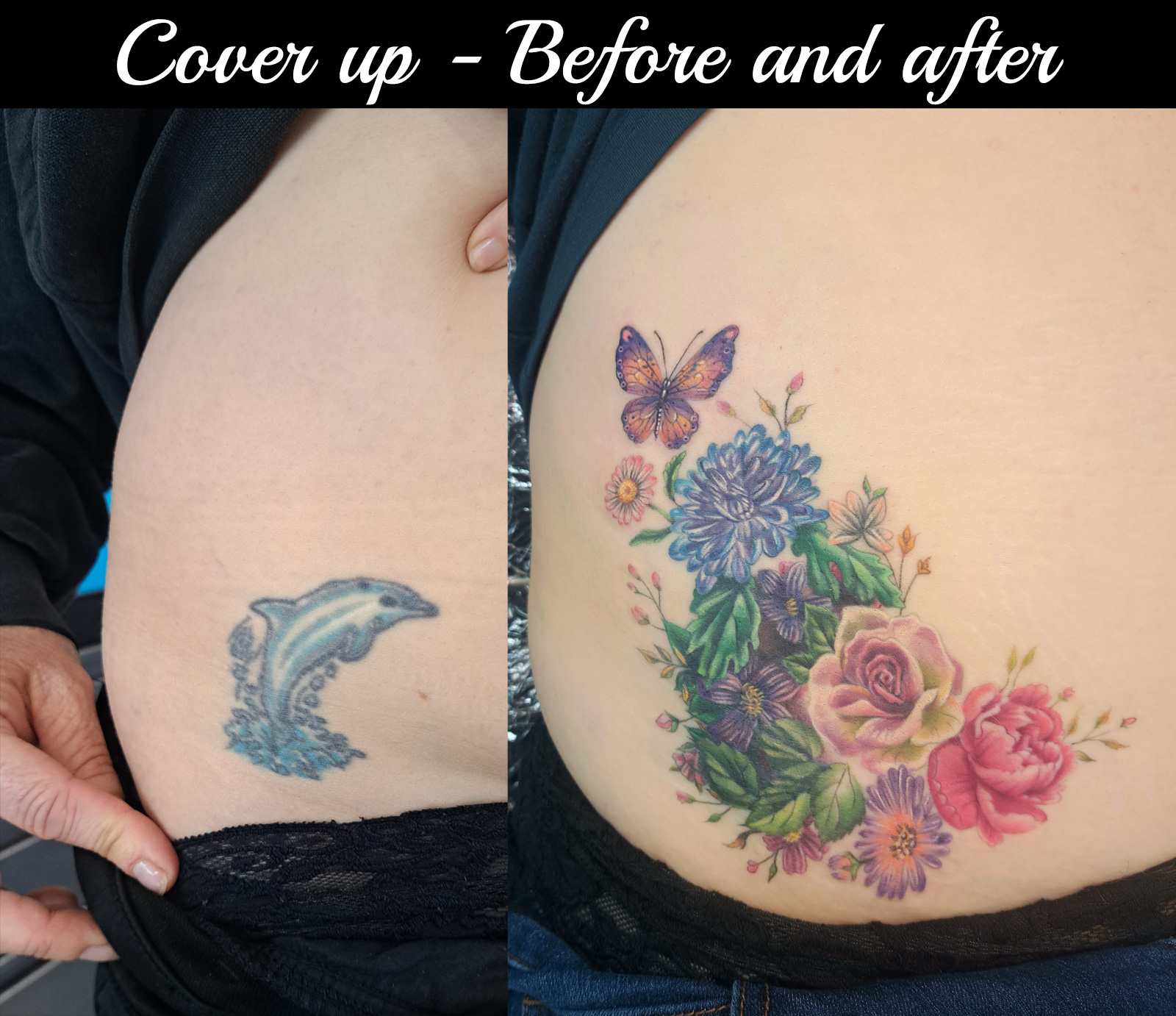 A cover-up tattoo with beautiful florals and a butterfly.