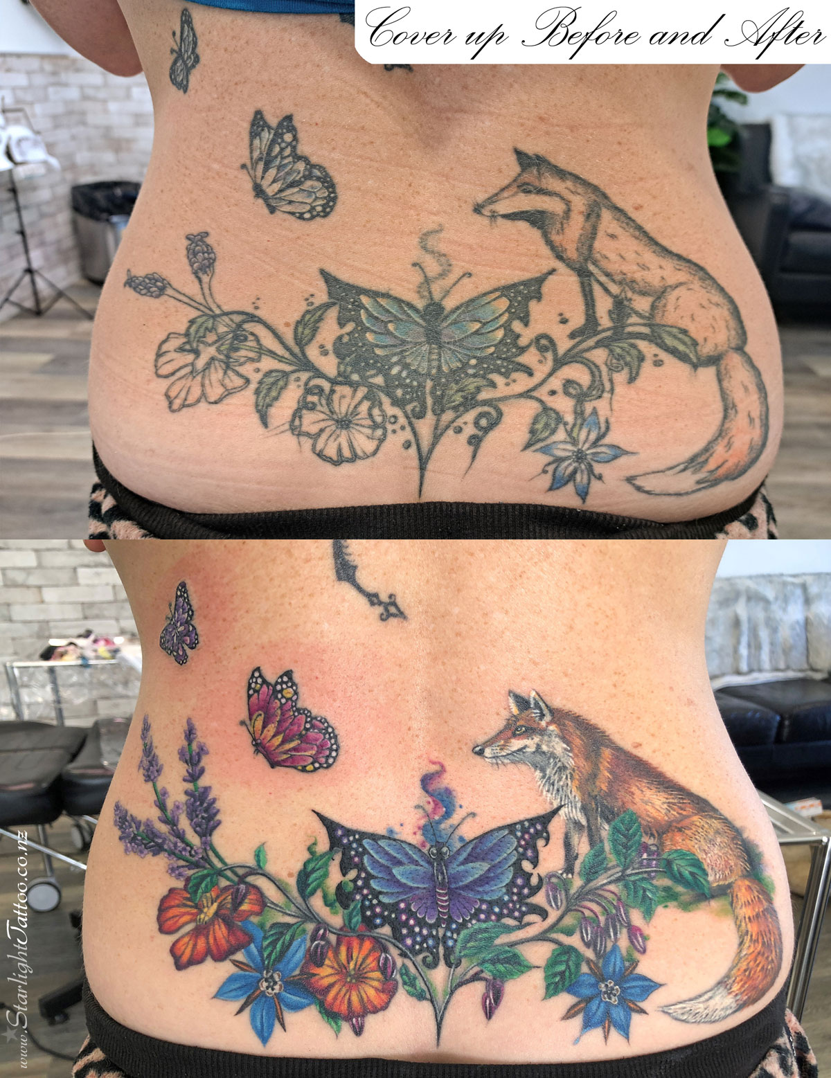 Tattoo of fox, flowers, and butterflies symbolizing mischief and renewal