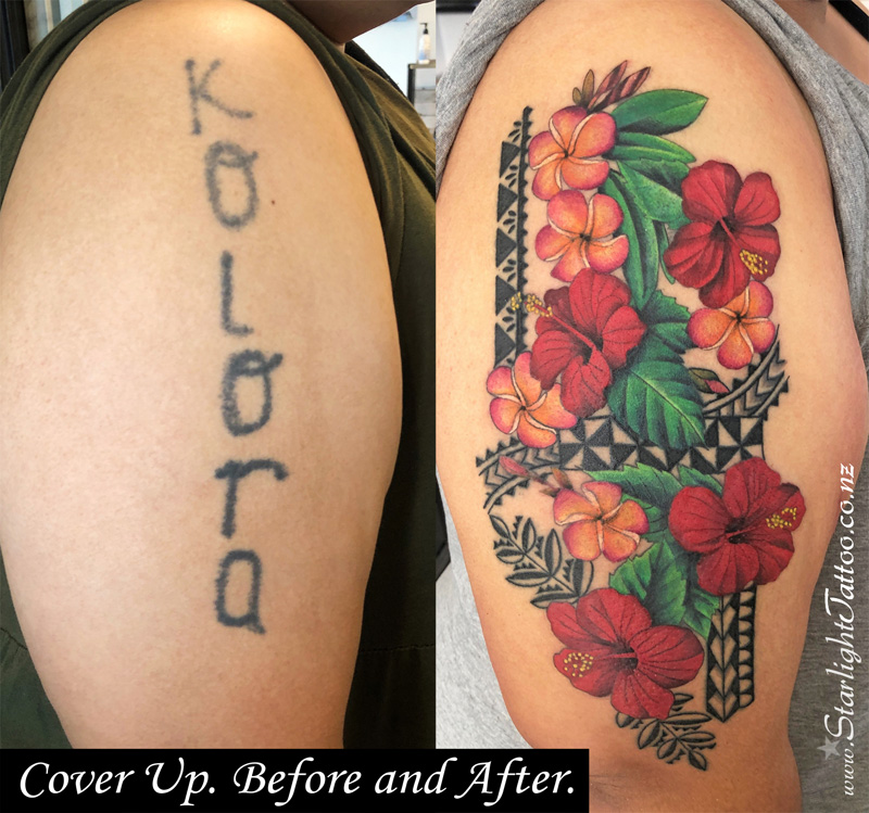 Tattoo of tropical frangipani and hibiscus, symbols of warmth and enchantment