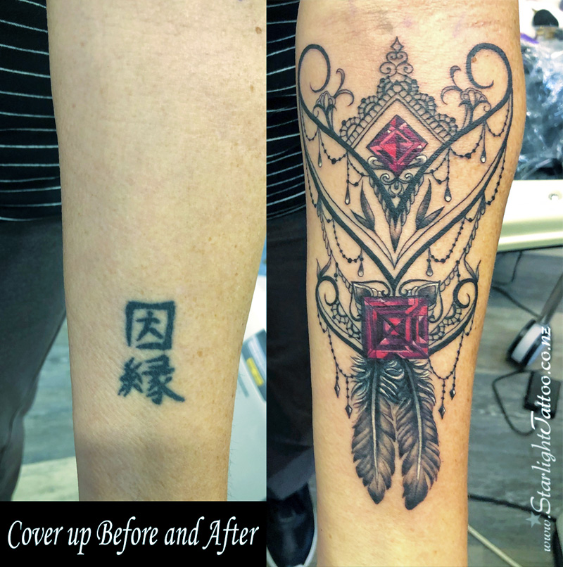 Gemstone tattoo transformation with luminous highlights
