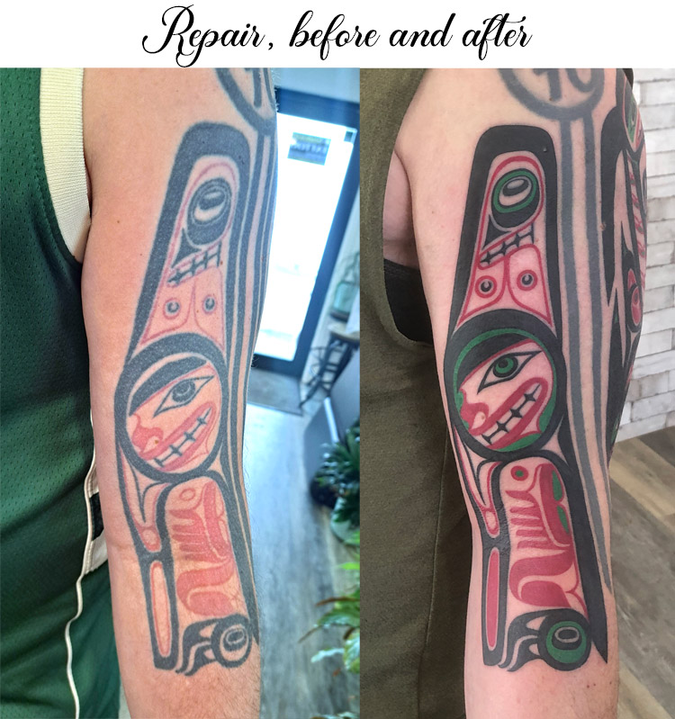 Haida tattoo repair - a restored tribal figure imbued with cultural meaning and luminous new energy