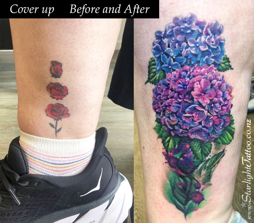 Hydrangea cover-up tattoo with soft petals and layered colour