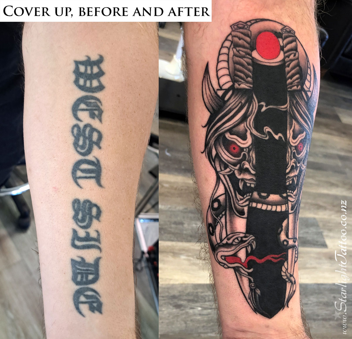 Japanese style tattoo cover-up with bold crimson sun