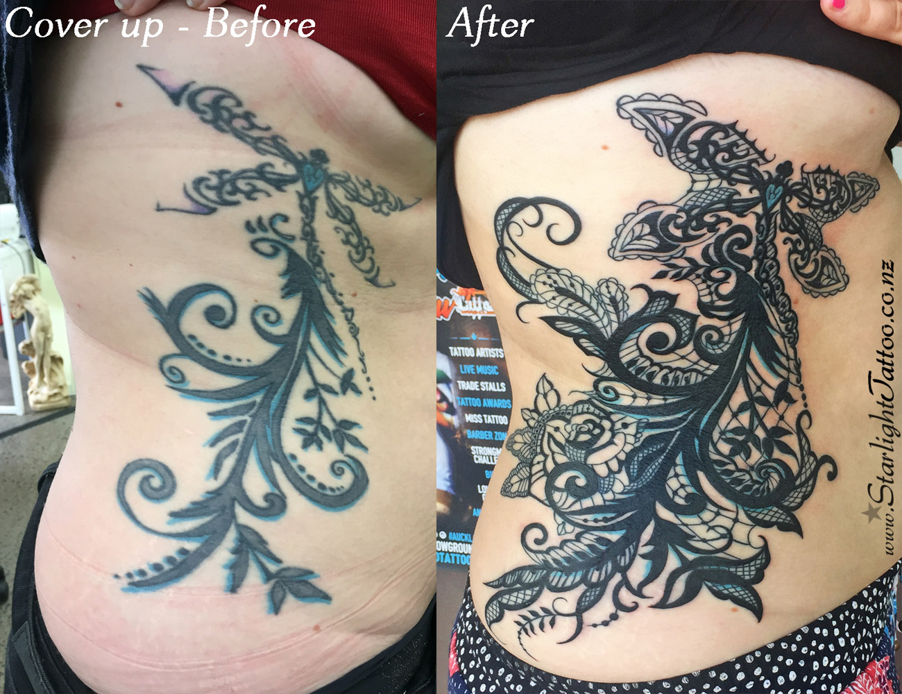 Lace tattoo design woven elegantly over the ribs