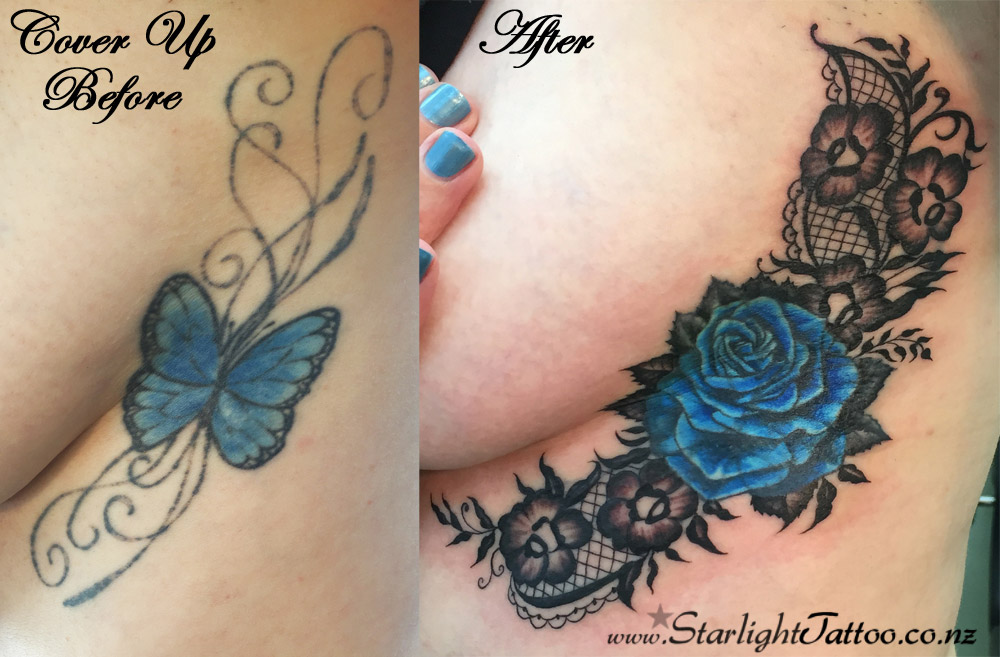 Lace tattoo cover-up with intricate ornamental patterns